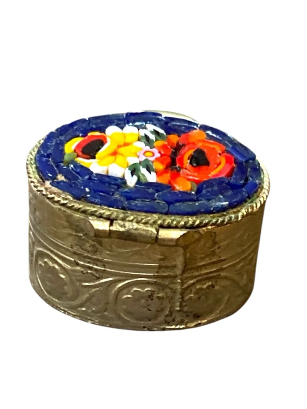 Vintage Italian Micro Mosaic Pill Box Blue Floral Gold Tone Metal Trinket 1.25”